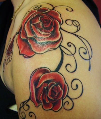 Swirly Red Roses Shoulder Tattoos for Women – Flower Tattoos