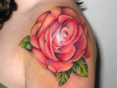 Beautiful Color of Blooming Red Rose Shoulder-Tattoo Design for Women