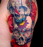 Stunning Shoulder / Sleeve Tattoo Designs of Skulls and Rose Flowers