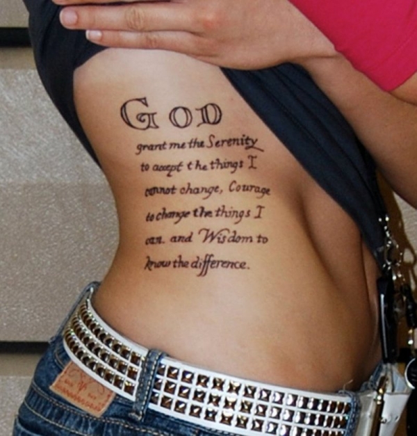 Nice Serenity Prayer Tattoo Designs On Girl’s Side Body