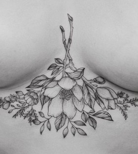 shaded-effect-linework-flower-sternum-tattoo