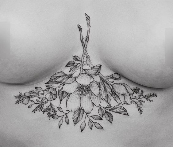 shaded-effect-linework-flower-sternum-tattoo