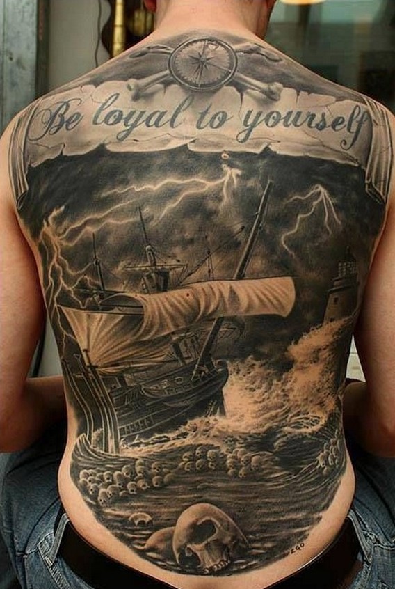 ship sea and skull full back tattoos for men