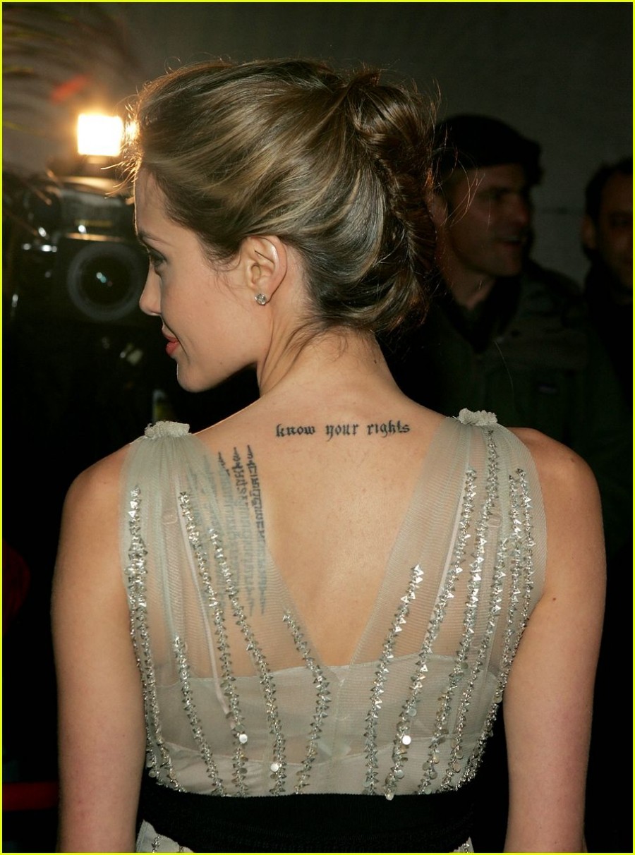 Angelina Jolie’s “Know Your Rights” Sexy Back Tattoo – Celebrity Tattoos