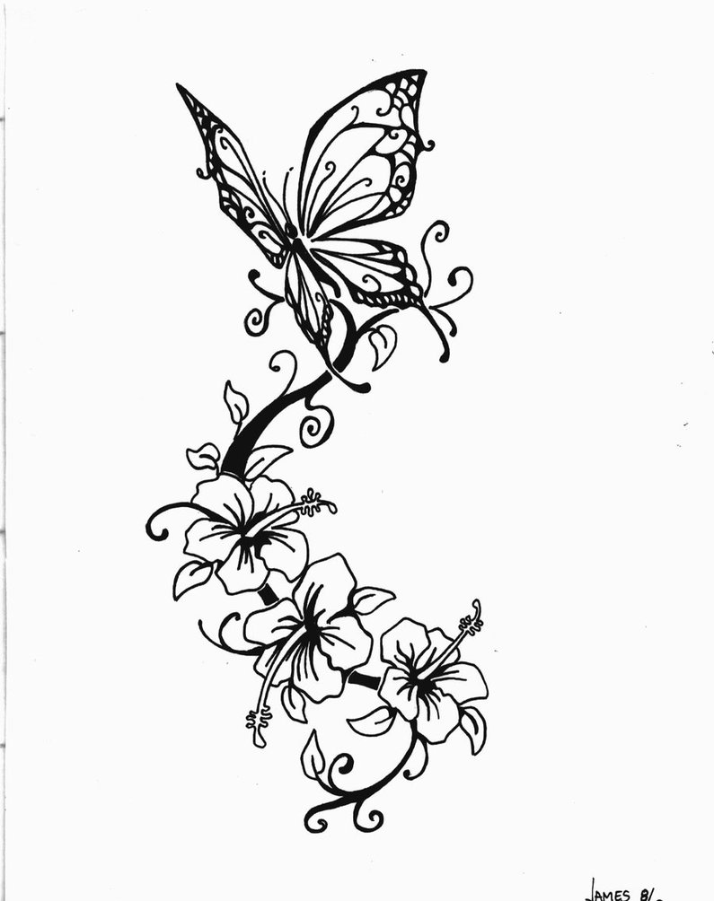 Beautiful Butterfly And Swirly Flowers Tattoo Sketch By Jimmybdeviant