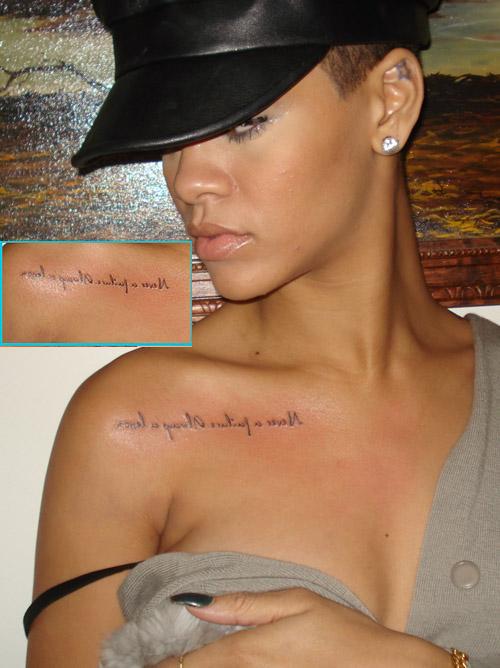 Rihanna’s Front Shoulder Lettering Tattoos – Celebrity Tattoos
