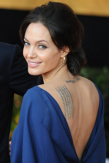 Angelina Jolie’s Lower-Neck and Shoulder-blade Tattoos Design – Celebrity Tattoos