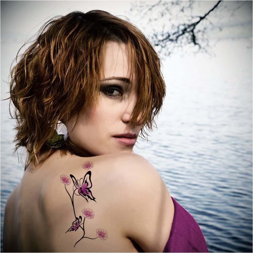 2012 Swirly Flowers and Butterflies Shoulder Tattoos for Women