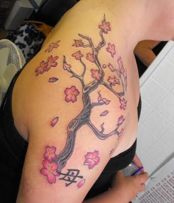 Beautiful Pink Sakura Trees Shoulder Tattoos Designs For Women