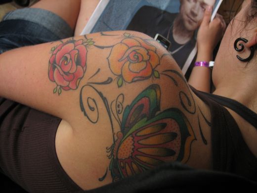 Swirly Flowers and Butterfly Shoulder Tattoo Designs For Women And Men