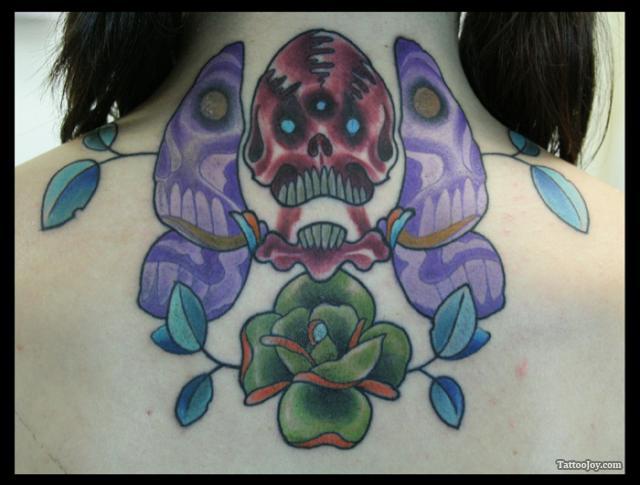 Upper Back Skull Butterfly Tattoo Design For Girls