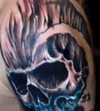 Color Black and Light Blue Shade Aztec Skull Tattoo