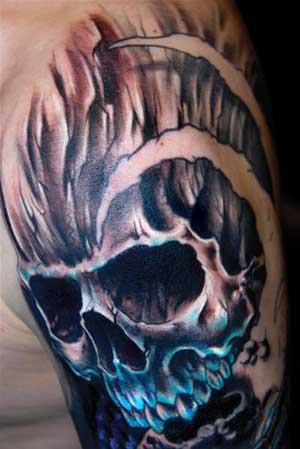 Color Black and Light Blue Shade Aztec Skull Tattoo