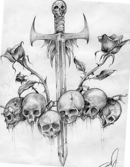 Meaningful Sword, Skulls, and Roses Drawing, Cool for Tattoo Design