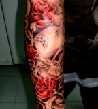 Amazing Skull Roses Lower Leg Tattoo Design Inspiration