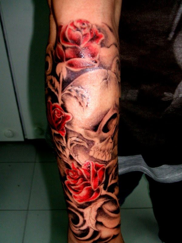Amazing Skull Roses Lower Leg Tattoo Design Inspiration