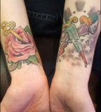 Colored Rose and Cross Stiletto Tattoo Design on Wrist