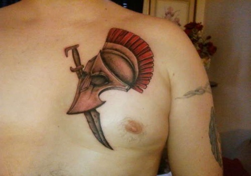 Red Spartan Helmet Tattoos On The Chest