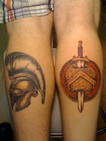 Legs Spartan Helmet Tattoos Side By Side