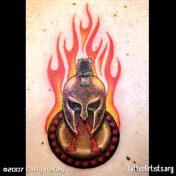 Spartan Helmet And Burning Shield Tattoo