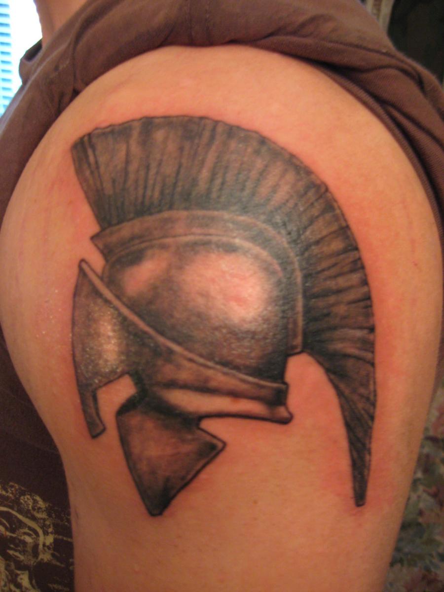 Left Arm Spartan Helmet Tattoos
