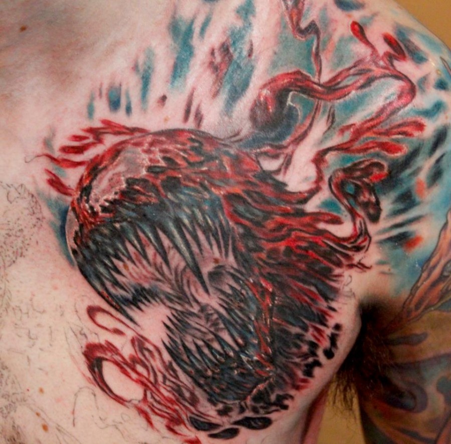 Carnage From Spiderman Chest Tattoo
