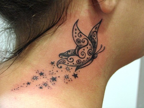 Butterfly and Star Tattoos on Neck