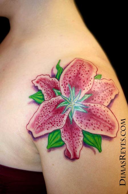 Pink Stargazer Lily Tattoo On Shoulder