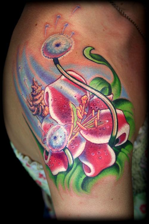 Amazing Stargazer Lily Dandelions Tattoo Photo