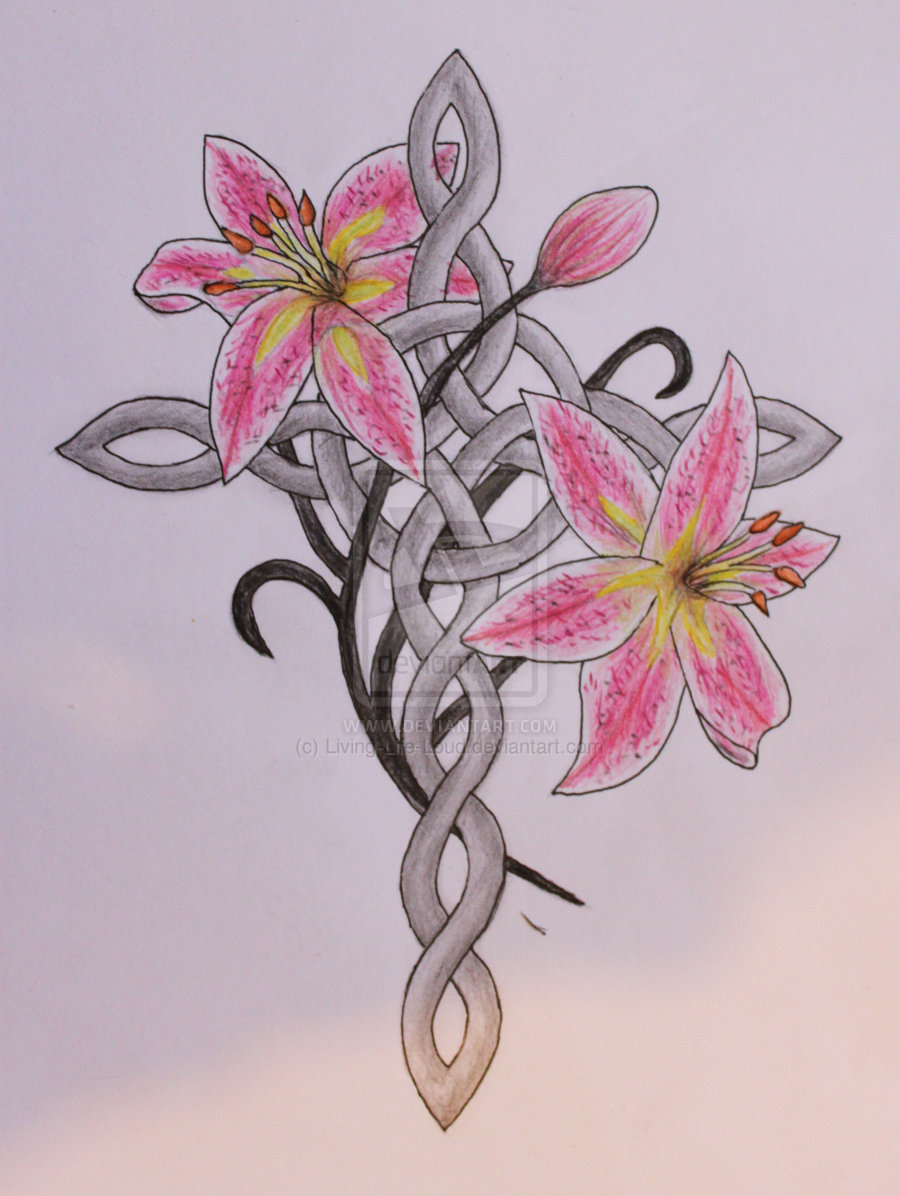 Celtic Cross And Stargazer Lilies Tattoo Design By Livinglife