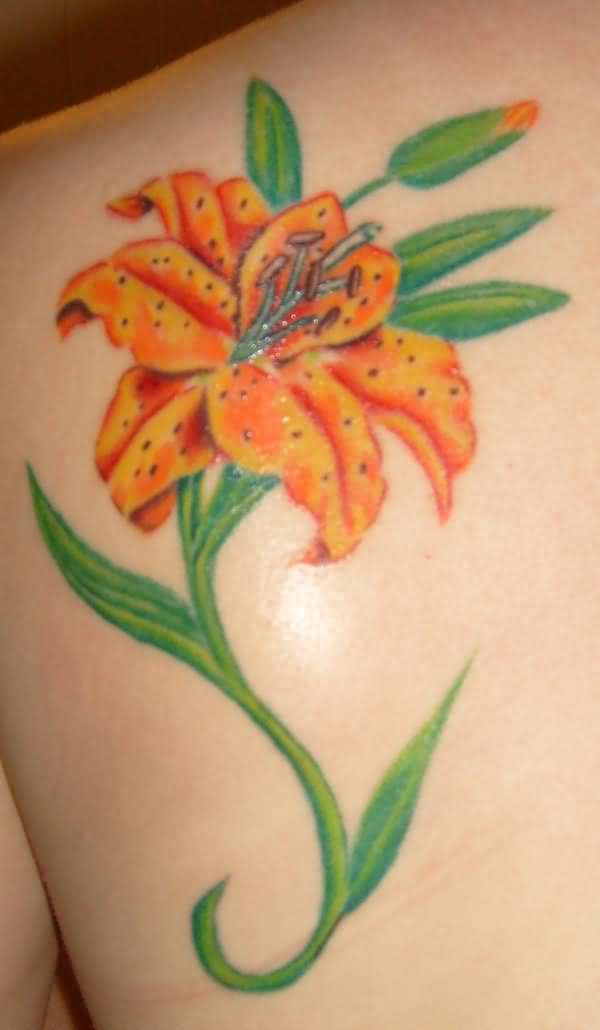 Lily Flower Tattoo On Back Shoulder for Girls