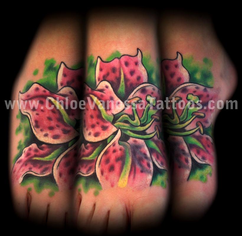 Pink Stargazer Lily Tattoo Design on Foot