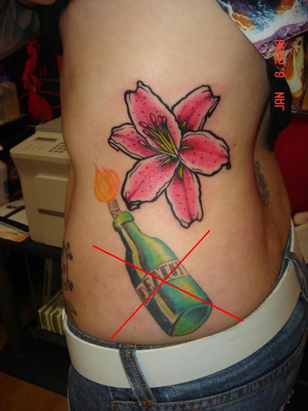 Stargazer Lily and Bottle Tattoo Design on Side for Women