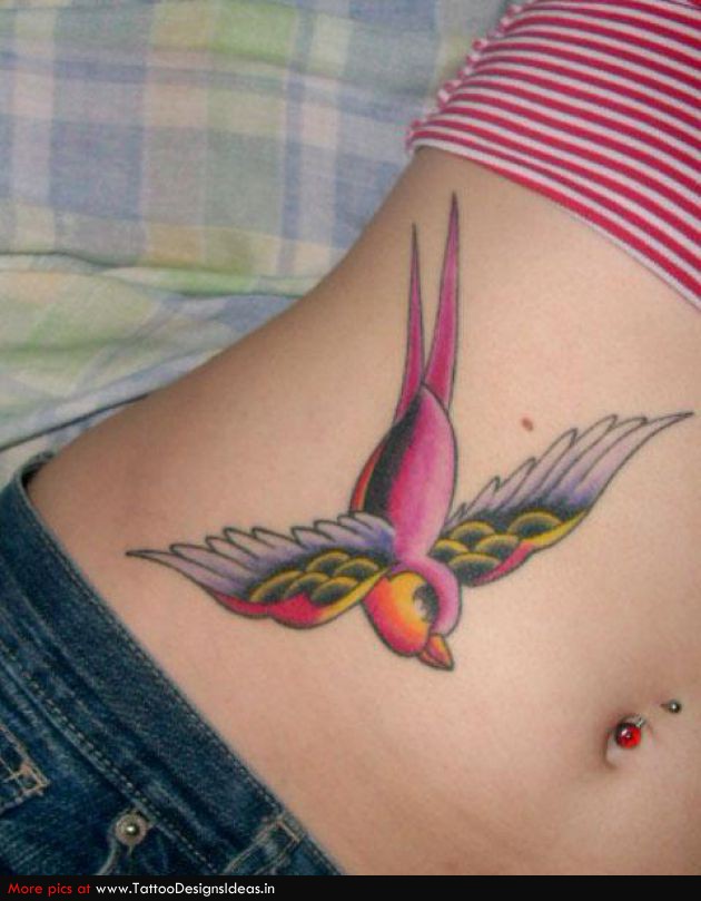 Fancy Swallow Bird Tattoo Design On The Stomach For Women