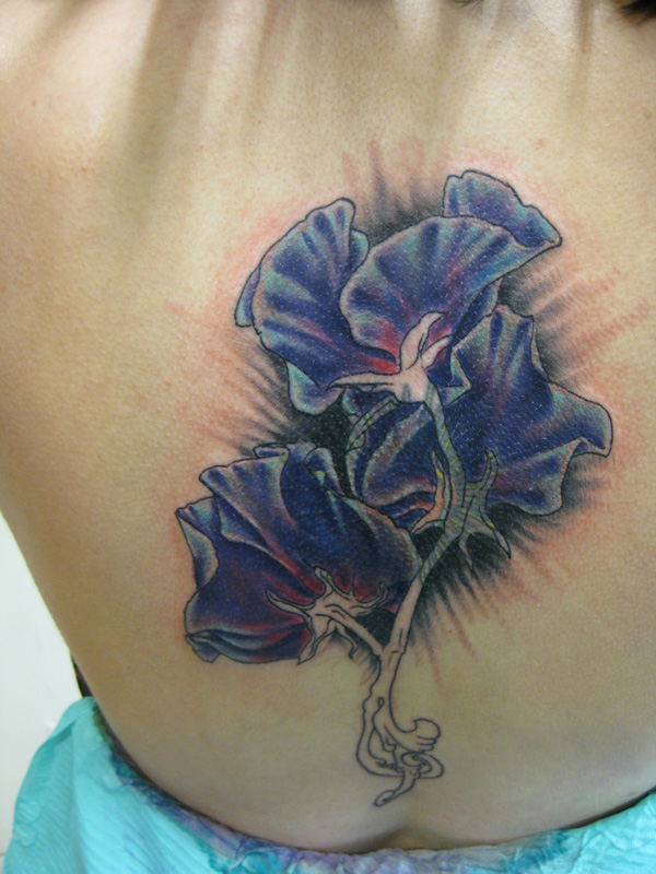 Covering Tattoo works: Purple Sweet Pea Flower Tattoo