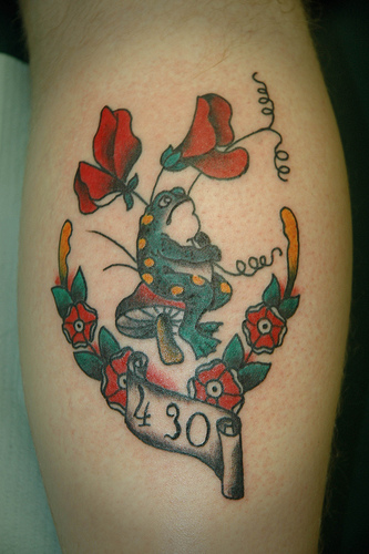 Funny Colorful Frog Sweet Pea Flower Tattoo