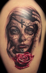 Remarkable Swirly Cross Tattooed Girl Face with Red Rose Tattoo Design