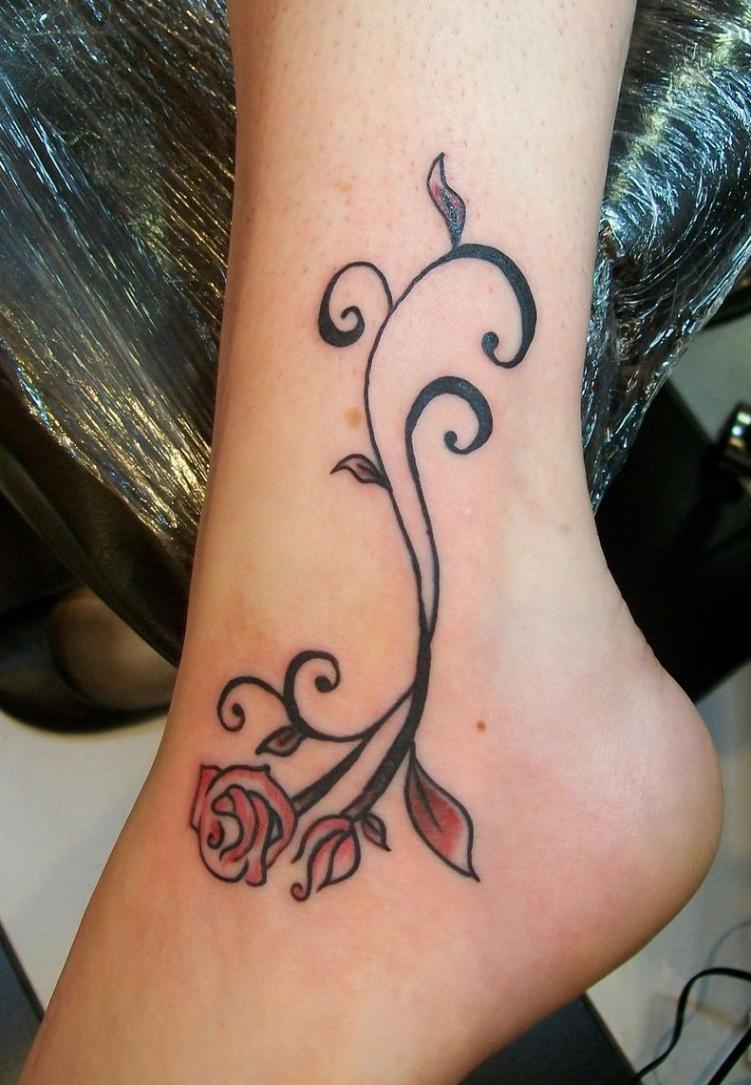 Feminine Eyecatching Swirly Red-Rose Flower Ankle-Tattoos for Women
