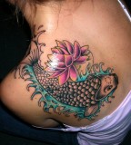 Beautiful Koi Fish and Lotus Flower Over-shoulder Tattoo Designs for Women