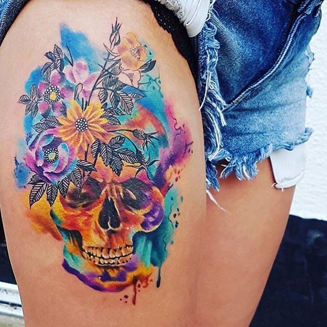 tattoobeynur-watercolor-skull-tattoo