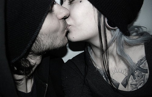 Tattoos Gauges Piercings Bridge Lip Beanie Kiss Cute Couple (NSFW)