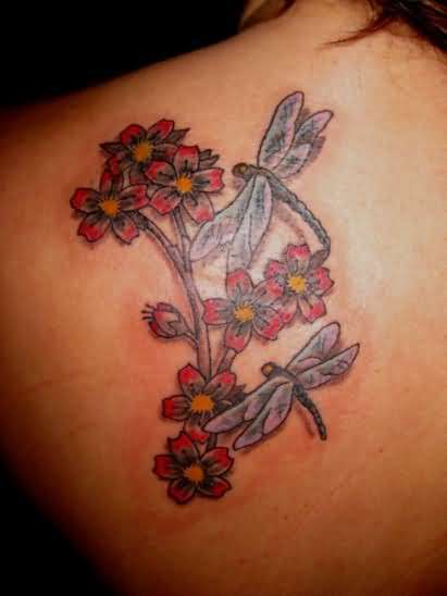 Dragonfly And Cherry Blossoms Tattoo Design for Women