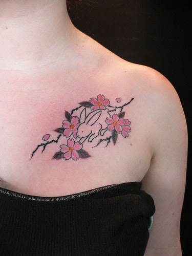 Rabbit Cherry Blossoms Tattoo Ink Art