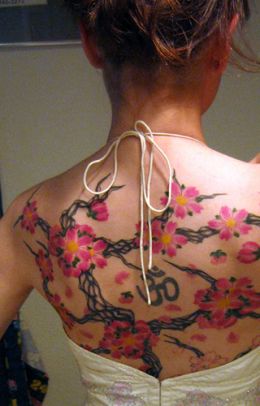Cherry Blossom Tattoo Design on Back for Women