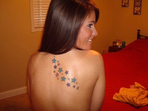 Colorful Small Shooting Stars Girls Tattoo Design on Back