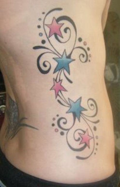 Blue And Red Stars Rib Tattoos For Girls