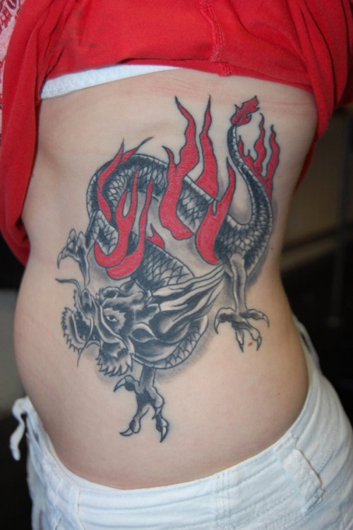 Beautiful Dragon on Fire Rib Tattoo Designs