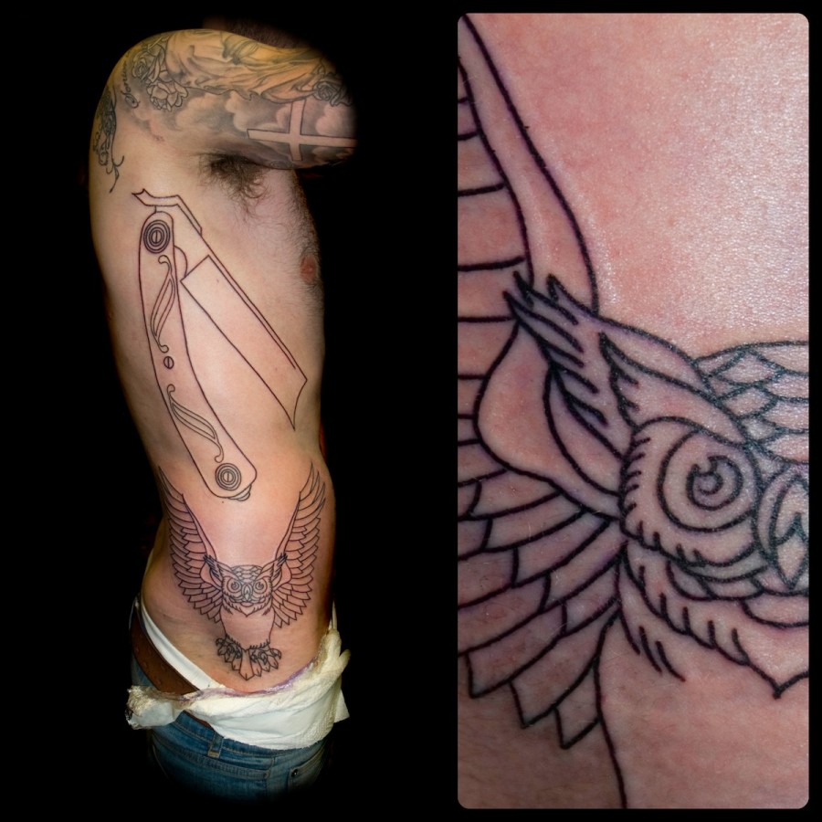 Razor And Owl Ribs Tattoo
