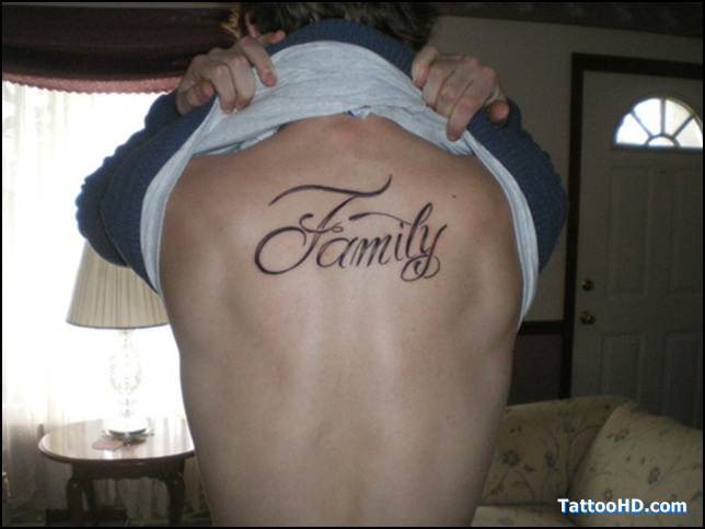 Simple Scripture Symbolizing Family Tattoo Design on Back