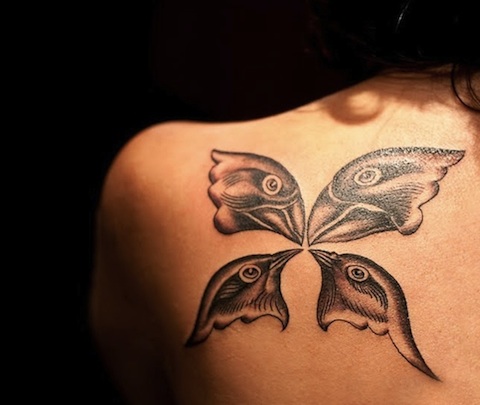 Birds Head Shaped Symbolizing Family Tattoo Design on Shoulder